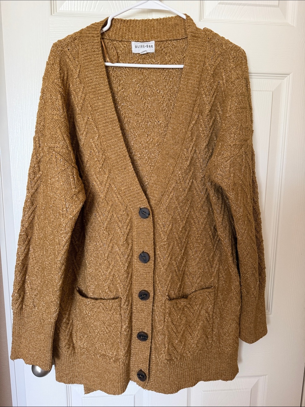 Olive & Oak Cable Knit Button-Front Cardigan in Mustard